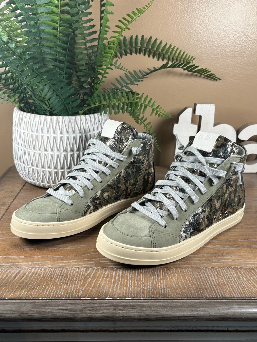 P448 Army Green Metallic Leather High Top Sneakers Women's Size 8